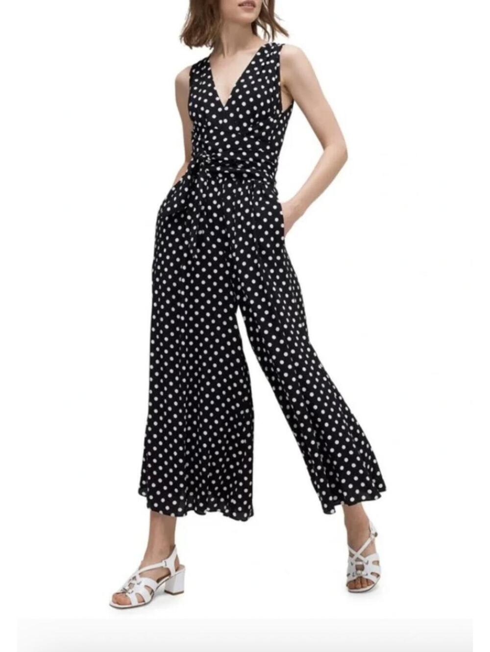 Kate Spade Lia Dot Tie-Front Wide Leg Jumpsuit, Black & White, Size 10